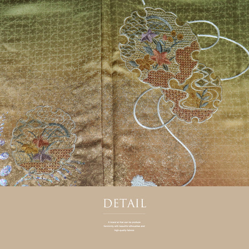 訪問着 リサイクル 身丈162cm 裄64.8cm 袷 雪輪柄 花柄 金彩加工 汕頭刺繍 地紋あり グリーン Lサイズ フォーマル セミフォーマル 一つ紋 正絹 広衿 Sランク