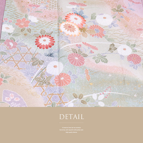 付下げ リサイクル 身丈159cm 裄63cm 袷 道長取りに菊やしだれ花模様 絞り柄 パープル Mサイズ セミフォーマル 一つ紋 正絹 広衿 Aランク