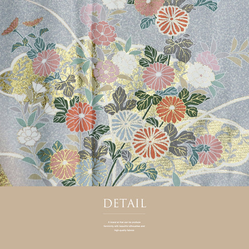 訪問着 リサイクル 身丈161.3cm 裄67.2cm 袷 菊柄 たたき柄 箔加工 グレー Lサイズ セミフォーマル お洒落 正絹 広衿 Sランク