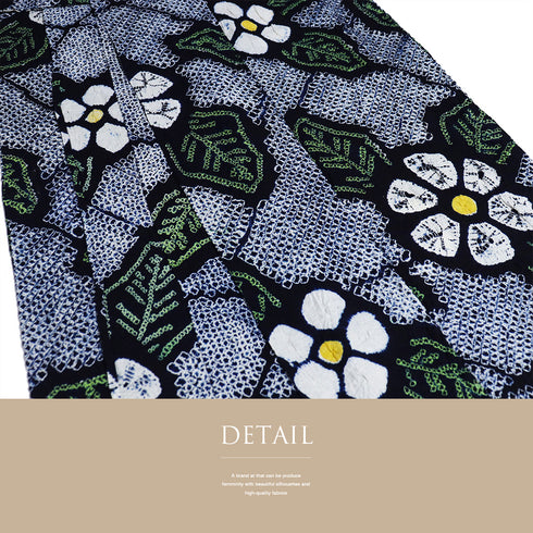 浴衣 リサイクル 夏着物 身丈152.5cm 裄65cm 夏物 花柄に麻の葉柄 絞り ネイビー Sサイズ カジュアル 木綿 洗える着物 バチ衿 Sランク