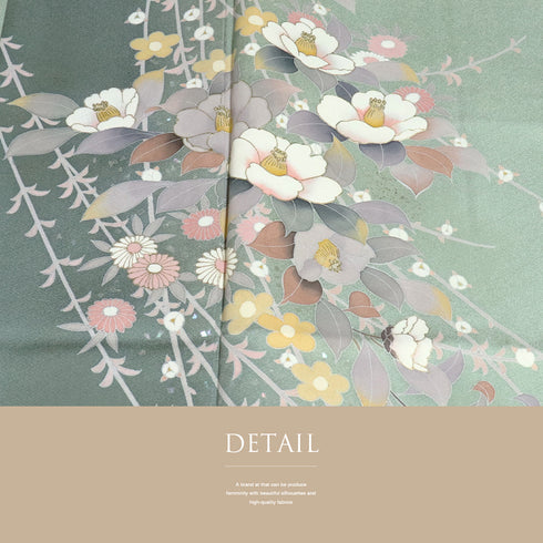 付下げ 身丈169.3cm 裄68cm 袷 椿柄 箔 グリーン LLサイズ セミフォーマル お洒落 正絹 広衿 Sランク