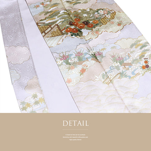 訪問着 リサイクル 身丈164.3cm 裄66.2cm 袷 雪取に松菊柄 箔 金駒刺繍 パープル Lサイズ セミフォーマル フォーマル 落款 しつけ糸 正絹 広衿 Sランク