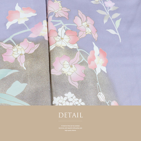 訪問着 リサイクル 身丈175.5cm 裄68.2cm 袷 花柄 箔 パープル LLサイズ セミフォーマル 正絹 広衿 Aランク