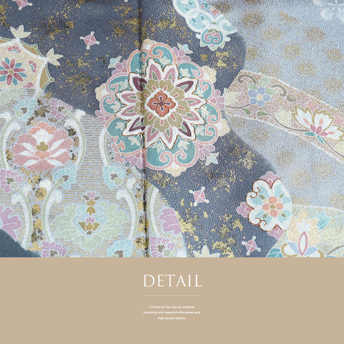 訪問着 リサイクル 身丈166cm 裄66.8cm 袷 道長取りに華文柄 金駒刺繍 ゆったりサイズ ブルー LLサイズ フォーマル セミフォーマル しつけ糸 正絹 広衿 Sランク