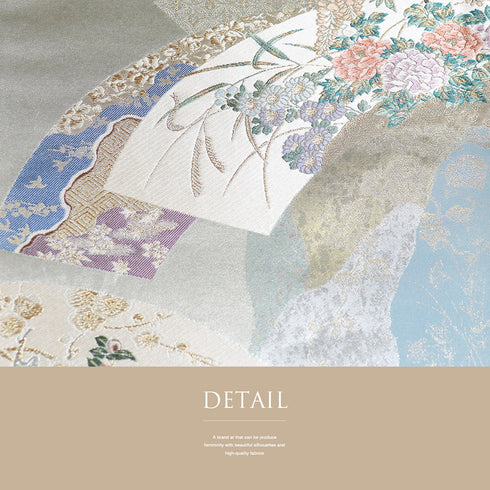 袋帯 リサイクル 帯丈436cm 六通 功琳彩宴 地紙に花柄 ブルー Mサイズ 正絹 新品・未使用品 フォーマル セミフォーマル