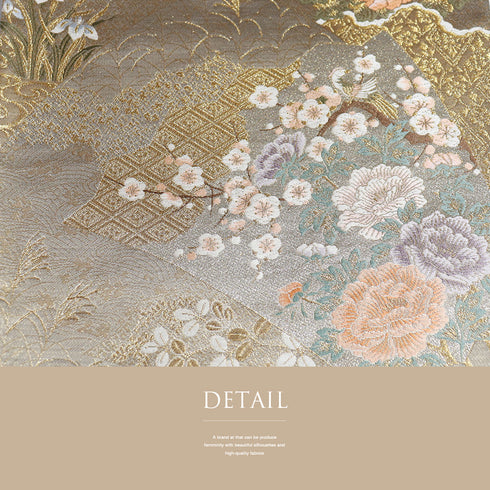 袋帯 リサイクル 帯丈448cm 六通 扇面蒔絵花文柄 ゴールド Mサイズ 正絹 新品・未使用品 フォーマル セミフォーマル