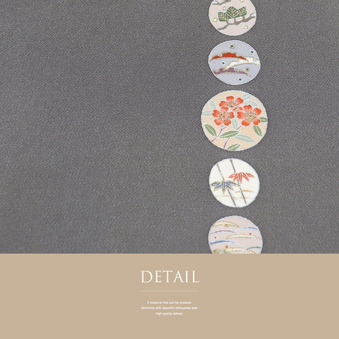 名古屋帯 リサイクル 帯丈369cm ポイント柄 梅柄 露芝柄 楓柄 ちりめん グレー Mサイズ 正絹 Sランク お洒落