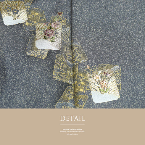 付下げ リサイクル 身丈159.5cm 裄66.4cm 袷 ゆったりサイズ 色紙模様 花柄 刺繍 箔加工 グレー Mサイズ セミフォーマル お洒落 しつけ糸 正絹 広衿 Sランク