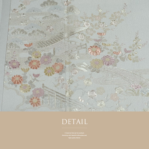 訪問着 リサイクル 身丈158.5cm 裄65.4cm 袷 風景に御所車柄 刺繍 パールトーン加工 グレー Mサイズ セミフォーマル お洒落 正絹 広衿 Bランク
