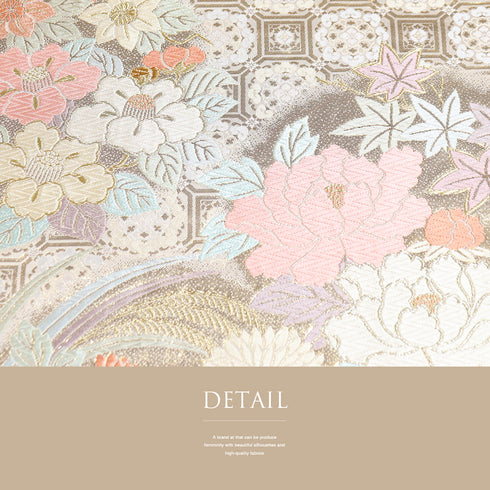 袋帯 リサイクル 帯丈430cm 六通 橘や菊や流水柄 刺繍 ベージュ Sサイズ 正絹 Sランク フォーマル セミフォーマル