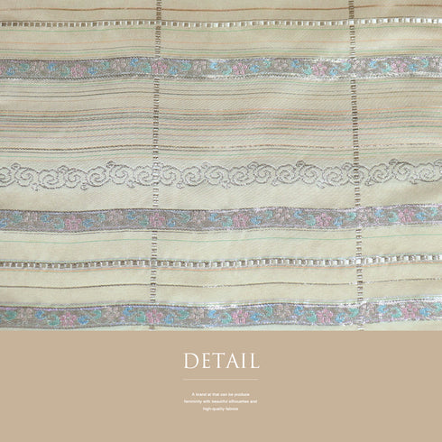 名古屋帯 リサイクル 帯丈340cm 六通 格子に花唐草模様 織り出し名古屋帯 ベージュ Sサイズ 正絹 Aランク お洒落