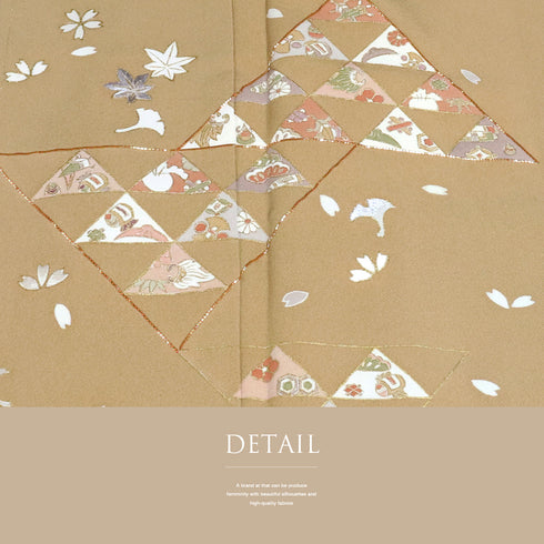 訪問着 身丈161.5cm 裄64.4cm 袷 うろこに宝尽くし柄 金駒刺繍 箔 パールトーン加工 ブラウン Lサイズ セミフォーマル しつけ糸 正絹 広衿 Sランク