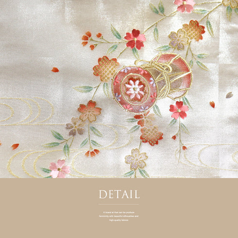 名古屋帯 リサイクル 帯丈360cm ポイント柄 流水につつみと桜柄 ベージュ Mサイズ 正絹 未使用品 お洒落