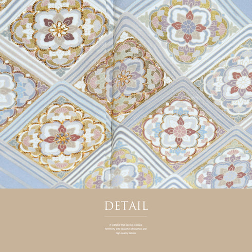 色留袖 リサイクル 身丈171cm 裄66.8cm 袷 デザイン青海波に華紋柄 金駒刺繍 箔 ブルー LLサイズ セミフォーマル 一つ紋 正絹 広衿 Aランク