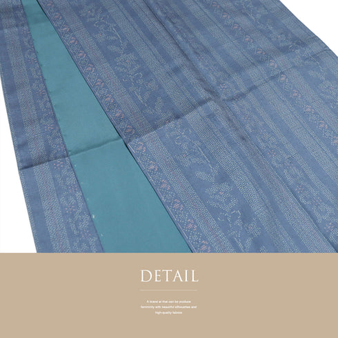 結城紬 リサイクル 身丈163.5cm 裄66.4cm 袷 デザイン縦縞模様 ブルー Lサイズ お洒落 カジュアル 証紙 しつけ糸 正絹 広衿 Sランク