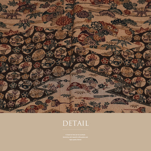 付下げ リサイクル 身丈160.4cm 裄62.8cm 袷 付下げ小紋 型染め 茶道具に松竹梅柄 ブラウン Mサイズ お洒落 正絹 広衿 Sランク