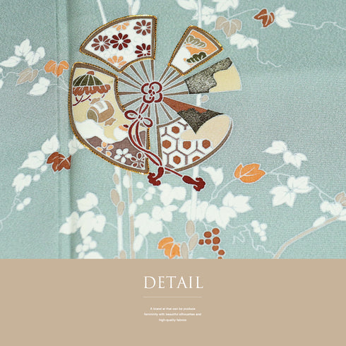 付下げ リサイクル 身丈160cm 裄66.8cm 袷 丸に扇子柄 金駒刺繍 グリーン Mサイズ セミフォーマル お洒落 正絹 広衿 Sランク