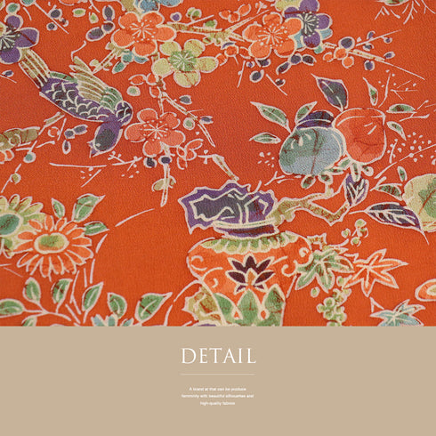 道中着 リサイクル 身丈131.2cm 裄64.8cm 袷 ロング丈 花や鳥柄 オレンジ Mサイズ お洒落 正絹 Sランク