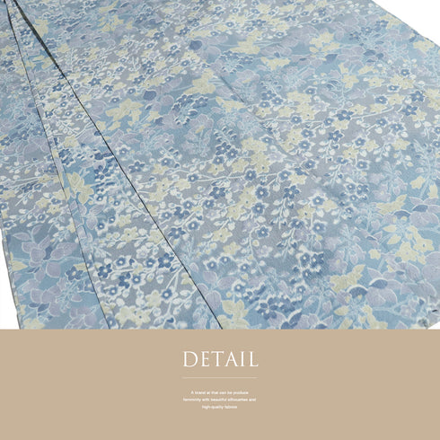 小紋 リサイクル 身丈167cm 裄68cm 単衣 草花柄 既製品 トールサイズ ブルー LLサイズ お洒落 カジュアル ポリエステル 洗える着物 広衿 Sランク