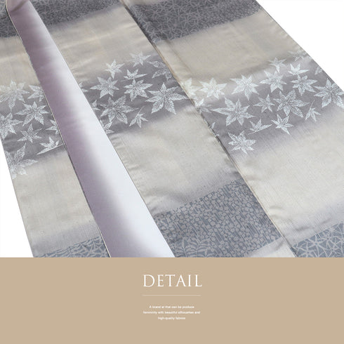 紬 リサイクル 身丈164cm 裄64.6cm 袷 横段に楓・梅・笹模様 グレー Lサイズ お洒落 証紙 しつけ糸 正絹 広衿 未使用品