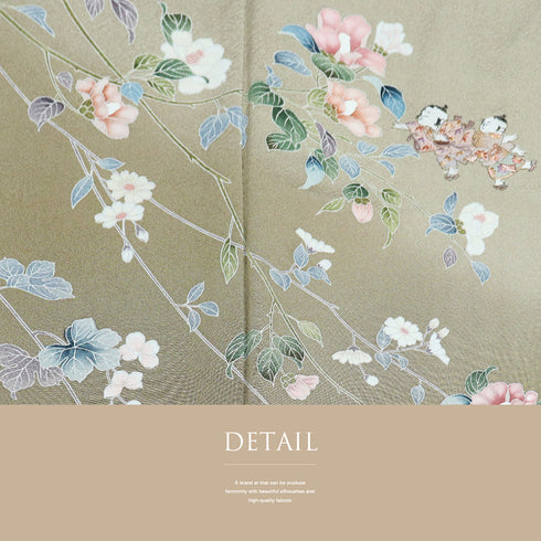 訪問着 リサイクル 身丈159cm 裄64.2cm 袷 椿や童模様 ミシン刺繍 ベージュ Mサイズ フォーマル セミフォーマル 一つ紋 正絹 広衿 Sランク