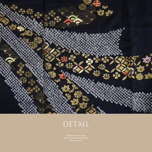 付下げ リサイクル 身丈159.2cm 裄63.2cm 袷 部分絞り 刺繍加工 箔加工 七宝柄 小花柄 ネイビー Mサイズ お洒落 正絹 広衿 Aランク