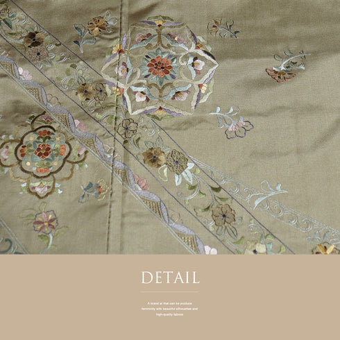 訪問着 リサイクル 身丈159cm 裄65cm 袷 紬 刺繍 華文柄 ゆったり ブラウン Mサイズ お洒落 正絹 広衿 Sランク