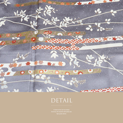 訪問着 リサイクル 身丈160cm 裄66.8cm 袷 エ霞に橘や藤柄 地紋 刺繍 箔 パールトーン加工 パープル Mサイズ セミフォーマル 正絹 広衿 Aランク