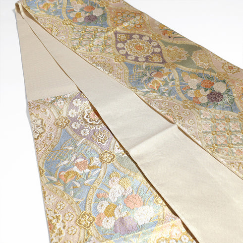 袋帯 リサイクル 帯丈428cm 六通 立涌に華文や鴛鴦柄 ゴールド Sサイズ 正絹 Sランク フォーマル セミフォーマル