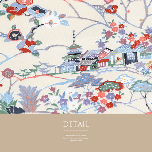 小紋 リサイクル 身丈156.5cm 裄62.6cm 袷 風景や四季花柄 ベージュ Mサイズ お洒落 ポリエステル 洗える着物 広衿 Sランク