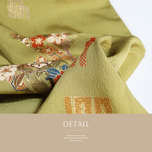 付下げ リサイクル 身丈158cm 裄65.6cm 袷 源氏香に花枝柄 箔 地紋 グリーン Mサイズ セミフォーマル お洒落 一つ紋 正絹 広衿 Aランク