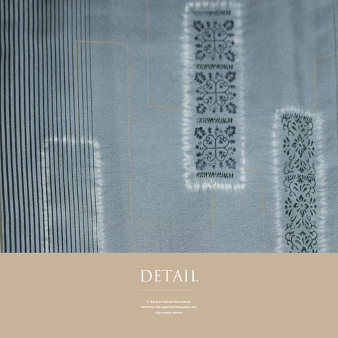 訪問着 リサイクル 身丈164.5cm 裄66.2cm 袷 紬 部分絞り 縞に短冊模様 後染め ゆったりサイズ ブルー Lサイズ お洒落 しつけ糸 正絹 広衿 Sランク