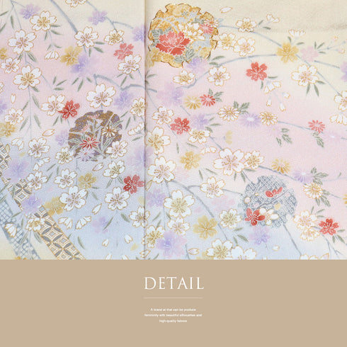 付下げ リサイクル 身丈165.3cm 裄66.4cm 袷 雪輪に枝垂れ桜柄 金駒刺繍 箔 ベージュ Lサイズ フォーマル セミフォーマル しつけ糸 正絹 広衿 Sランク