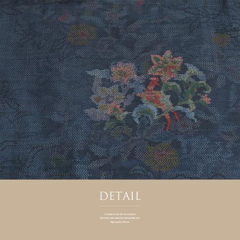 大島紬 リサイクル 身丈164.7cm 裄67.6cm 袷 草花柄 藤絹織物 ネイビー Lサイズ お洒落 カジュアル しつけ糸 正絹 広衿 Sランク