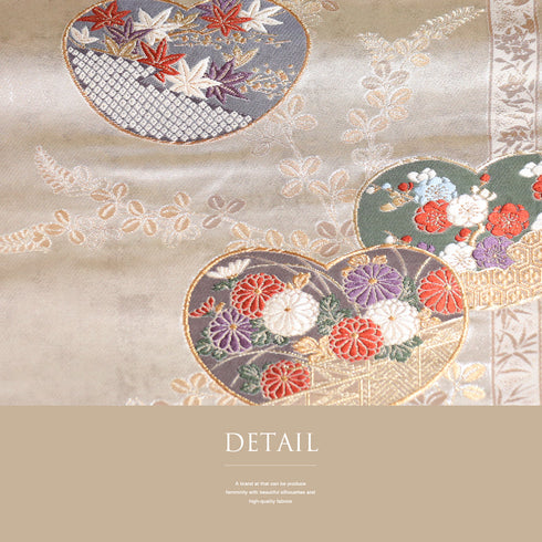 袋帯 リサイクル 帯丈432cm 六通 杜若や菊や梅柄 地紋 箔 ゴールド Sサイズ 正絹 Sランク フォーマル セミフォーマル