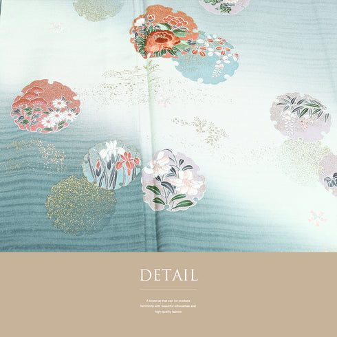 付下げ リサイクル 身丈160.5cm 裄67.2cm 単衣 ぼかし柄 雪輪柄 花柄 刺繍 箔加工 グリーン Lサイズ セミフォーマル 正絹 広衿 Sランク