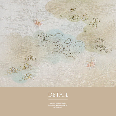 帯締め・帯揚げセット リサイクル お洒落 平組紐 ちりめん ベージュ 正絹 Sランク 雲取りに笹や蝶や梅柄 刺繍