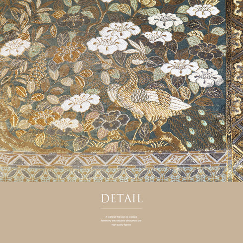 袋帯 リサイクル 帯丈432cm 六通 鳥や椿柄 ゴールド Sサイズ 正絹 新品・未使用品 フォーマル セミフォーマル