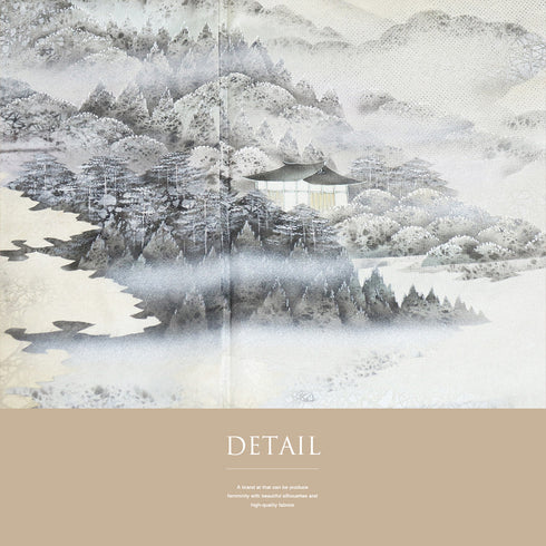 付下げ リサイクル 身丈166.4cm 裄65.6cm 袷 紬 お召 御堂のある風景柄 箔 グレー LLサイズ お洒落 正絹 広衿 Sランク