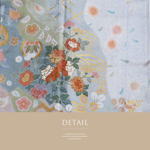 訪問着 リサイクル 身丈157.5cm 裄64.8cm 袷 道長取り 花柄 箔加工 ブルー Mサイズ セミフォーマル 正絹 広衿 Sランク