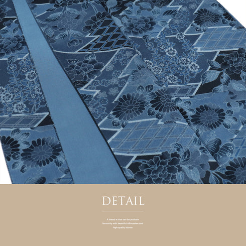 小紋 リサイクル 身丈162.2cm 裄65.6cm 袷 牡丹や菊柄 ブルー Lサイズ お洒落 カジュアル 正絹 広衿 Sランク