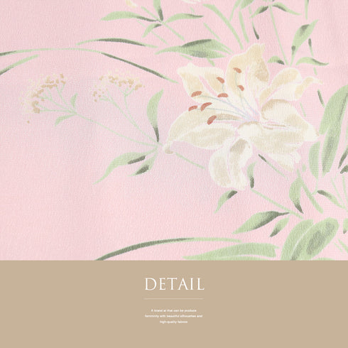 小紋 リサイクル 身丈168cm 裄65.5cm 単衣 百合柄 ピンク LLサイズ カジュアル ポリエステル 洗える着物 広衿 Aランク