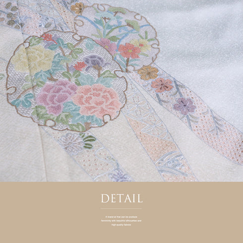 訪問着 リサイクル 身丈170.5cm 裄68cm 袷 雪輪に花 汕頭刺繍 相良刺繍 グレー LLサイズ お洒落 正絹 広衿 Sランク