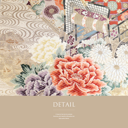 袋帯 リサイクル 帯丈440cm 六通 几帳御所車や牡丹柄 刺繍 ゴールド Mサイズ 正絹 新品・未使用品 フォーマル セミフォーマル