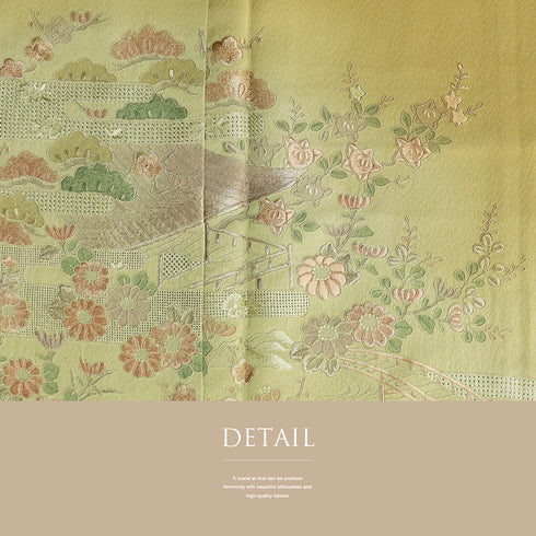 訪問着 リサイクル 身丈168.2cm 裄68cm 袷 風景柄 草花柄 汕頭刺繍 グリーン LLサイズ セミフォーマル お洒落 正絹 広衿 Sランク