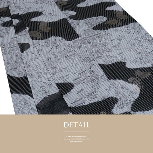 小紋 リサイクル 夏着物 身丈155.5cm 裄66cm 夏物 葉柄 霞に蝶柄 グレー Mサイズ カジュアル ポリエステル 洗える着物 広衿 Aランク