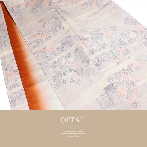 紬 リサイクル 身丈158cm 裄65.2cm 袷 風景文様 ピンク Mサイズ お洒落 カジュアル 正絹 広衿 Sランク