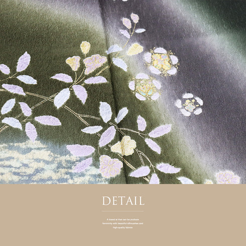 訪問着 リサイクル 身丈157.7cm 裄67.6cm 袷 花柄 ぼかし 絞り 金駒刺繍 グリーン Mサイズ お洒落 落款 しつけ糸 正絹 広衿 Aランク