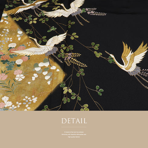 黒留袖 リサイクル 身丈158.8cm 裄64cm 袷 鶴に四季の花々柄 金駒刺繍 箔 比翼付き ブラック Mサイズ フォーマル 落款 一つ紋 正絹 広衿 Sランク