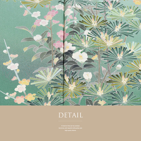 訪問着 リサイクル 身丈162.7cm 裄66.4cm 袷 若松模様 花柄 グリーン Lサイズ セミフォーマル 落款 一つ紋 しつけ糸 正絹 広衿 Aランク